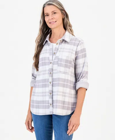 Style & Co Women's Plaid Flannel Knit Shirt, Macy's Exclusive In White