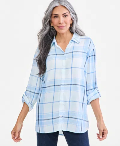 Style & Co Women's Plaid Long Roll-tab Sleeves Rayon Blouse, Macy's Exclusive In Blue
