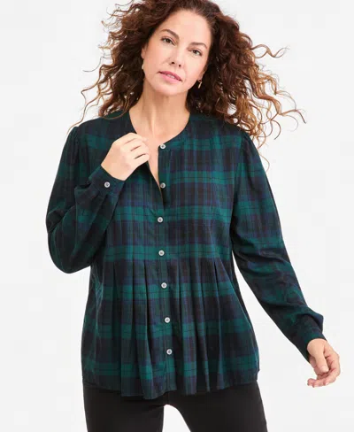 Style & Co Women's Plaid Long-sleeve Pleat Front Shirt, Macy's Exclusive In Blue