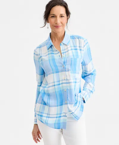 Style & Co Women's Plaid Perfect Shirt, Macy's Exclusive In Blue