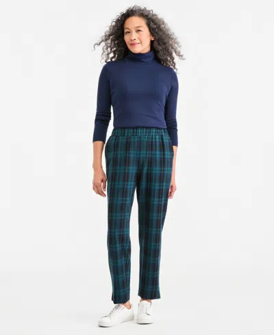Style & Co Women's Plaid Pull-on Straight-leg Pants, Macy's Exclusive In Blue