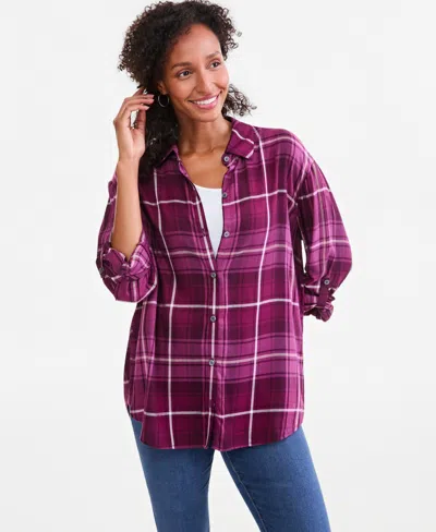 Style & Co Women's Plaid Roll-tab Button-front Shirt, Macy's Exclusive In Purple