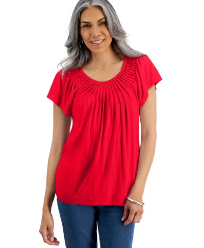 Style & Co Women's Pleated-neck Short-sleeve Top, Regular & Petite, Created For Macy's In Gumball Red