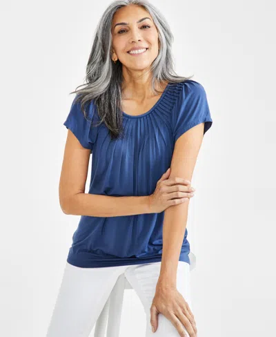 Style & Co Women's Pleated-neck Short-sleeve Top, Regular & Petite, Created For Macy's In New Uniform Blue