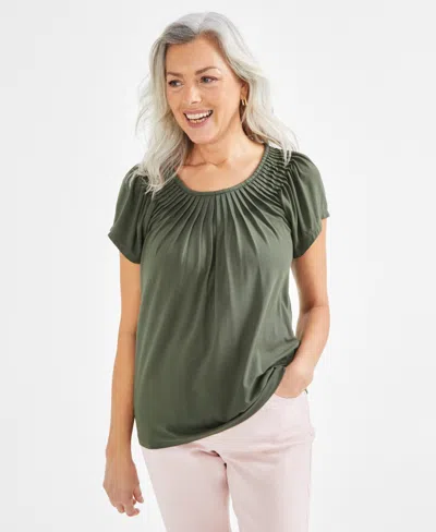Style & Co Women's Pleated-neck Short-sleeve Top, Regular & Petite, Created For Macy's In Olive