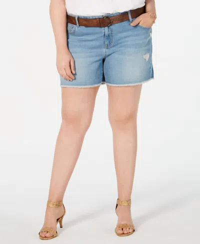 Style & Co Women's Plus Size Distressed Belted Shorts In Seaside In Transparent