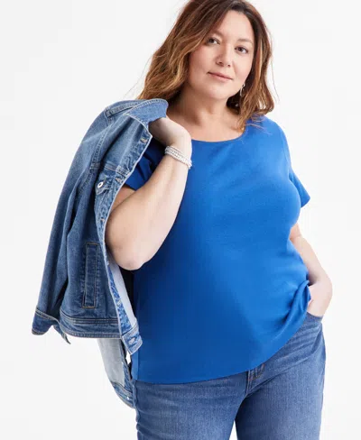 Style & Co Women's Plus Size Short-sleeve Scoop-neck Top, Exclusively At Macy's In Blue