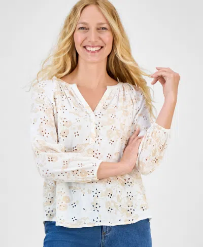 Style & Co Women's Printed 3/4 Sleeve Eyelet Top, Exclusively At Macy's In Neutral