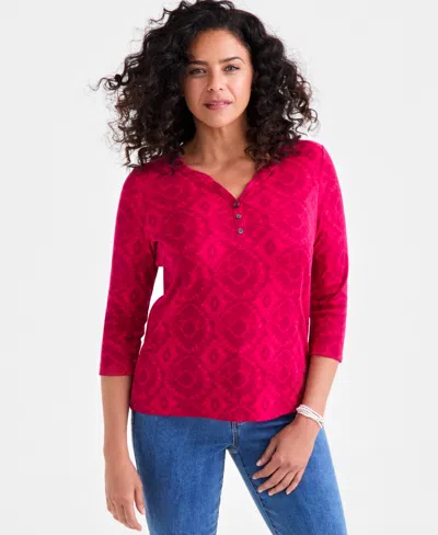 Style & Co Women's Printed 3/4-sleeve Henley Knit Top, Exclusively At Macy's