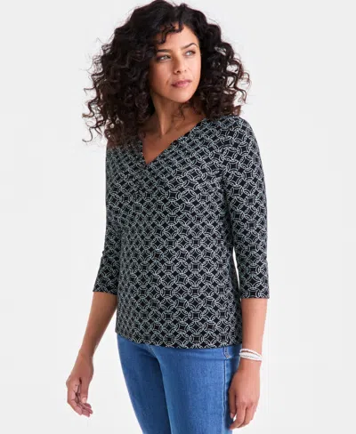 Style & Co Women's Printed 3/4-sleeve Henley Knit Top, Exclusively At Macy's In Black