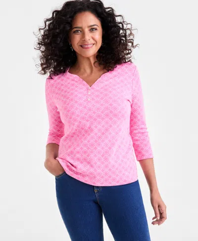 Style & Co Women's Printed 3/4-sleeve Henley Knit Top, Exclusively At Macy's In Pink
