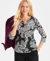 Style & Co Women's Printed 3/4 Sleeve Henley, Macy's Exclusive In Black