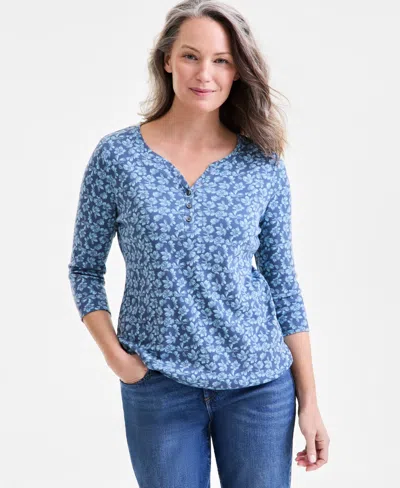Style & Co Women's Printed 3/4-sleeve Henley Top, Exclusively At Macy's In Fleur Blue