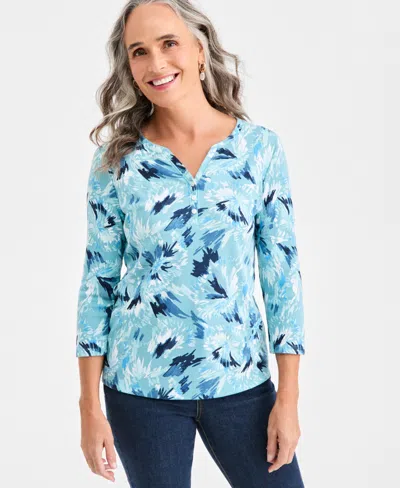 Style & Co Women's Printed 3/4-sleeve Henley Top, Macy's Exclusive In Blue