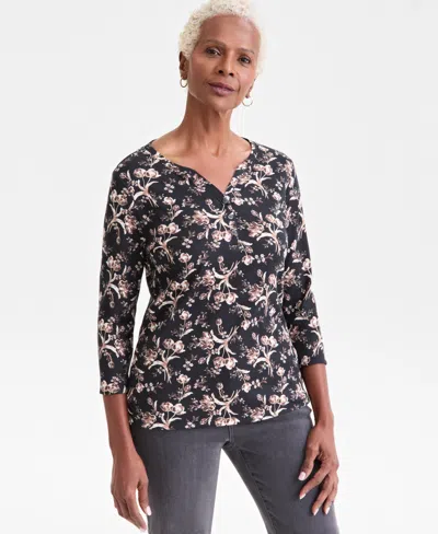 Style & Co Women's Printed 3/4-sleeve Henley Top, Macy's Exclusive In Black