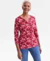 Style & Co Women's Printed 3/4-sleeve Henley Top, Macy's Exclusive In Burgundy
