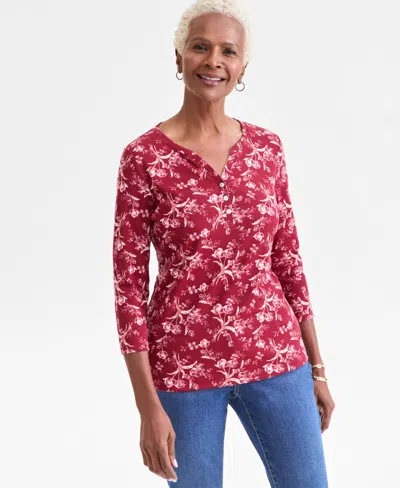 Style & Co Women's Printed 3/4-sleeve Henley Top, Macy's Exclusive In Burgundy