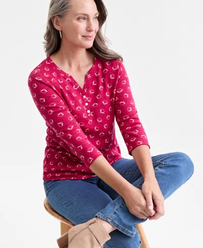 Style & Co Women's Printed 3/4-sleeve Henley Top, Macy's Exclusive In Red