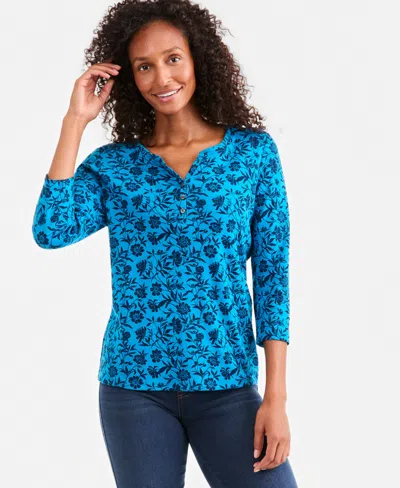 Style & Co Style Co Womens Printed 3 4 Sleeve Henley Top Macys Exclusive In Multi
