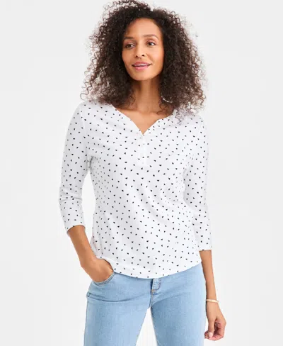 Style & Co Women's Printed 3/4-sleeve Henley Top, Macy's Exclusive In White