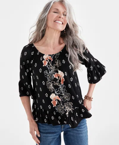 Style & Co Women's Printed 3/4-sleeve On-off Top, Created For Macy's In Black Floral