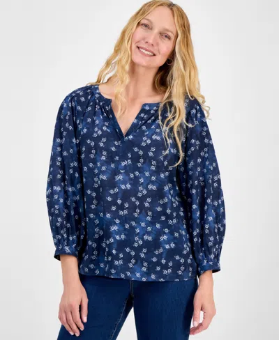 Style & Co Women's Printed 3/4 Sleeve Split-neck Blouse, Exclusively At Macy's In Blue
