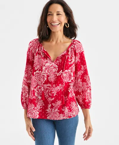 Style & Co Women's Printed 3/4 Sleeve Split Neck Top, Macy's Exclusive In Red