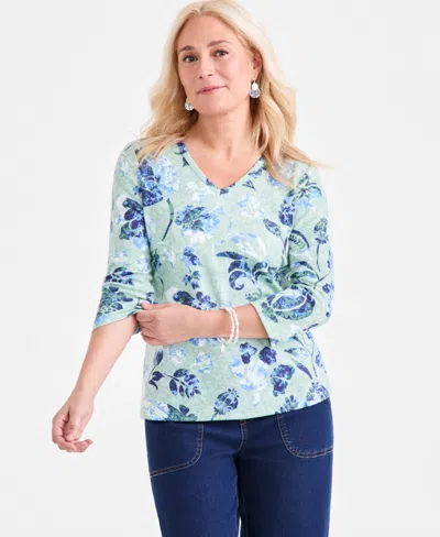Style & Co Women's Printed 3/4-sleeve V-neck Knit Top, Exclusively At Macy's In Multi