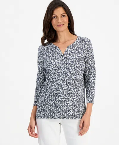 Style & Co Women's Printed 3/4-sleeve Henley Top, Macy's Exclusive In Gray