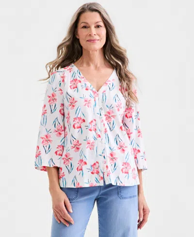 Style & Co Women's Printed 3/4-sleeve Linen Blend Blouse, Macy's Exclusive In Emelia Garden White