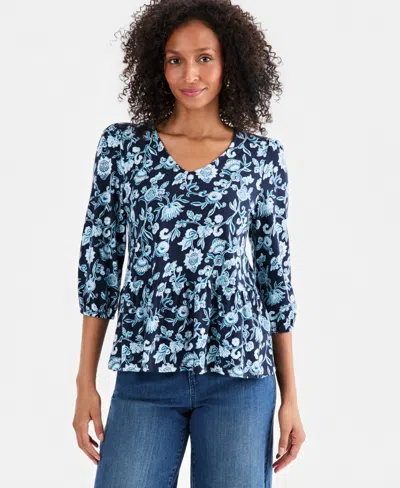 Style & Co Women's Printed 3/4-sleeve V-neck Peplum Top, Macy's Exclusive In Blue