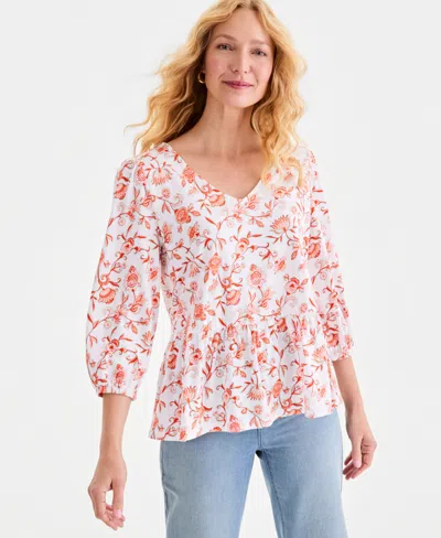 Style & Co Style Co Womens Printed 3 4 Sleeve V Neck Peplum Top Macys Exclusive In Multi