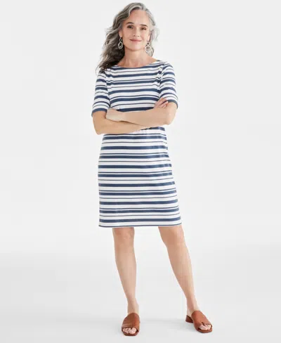 Style & Co Women's Printed Boat-neck Elbow Sleeve Dress, Created For Macy's In Blue Stripe