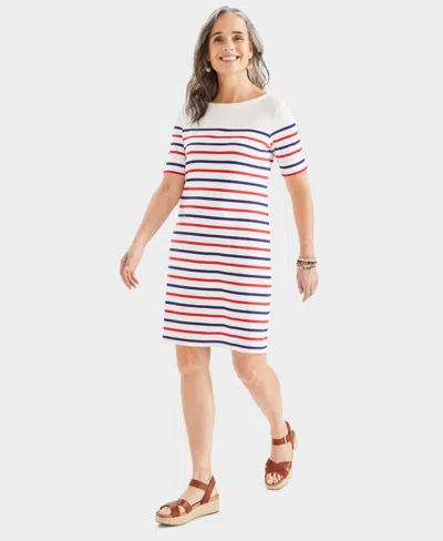 Style & Co Women's Printed Boat-neck Elbow Sleeve Dress, Created For Macy's In Red Blue Stripe