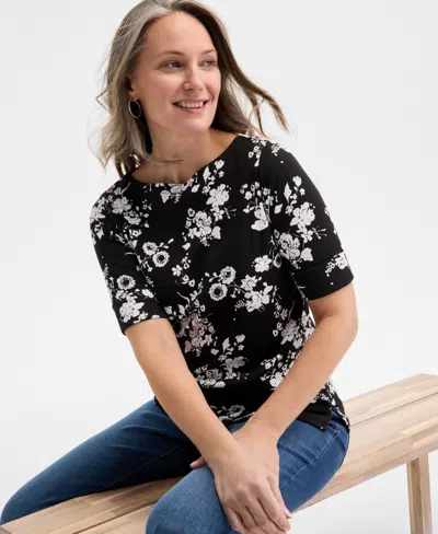 Style & Co Women's Printed Boat-neck Elbow-sleeve Knit Top, Created For Macy's In Deep Black Combo