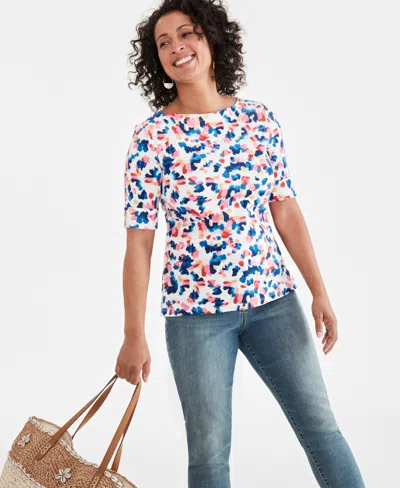 Style & Co Women's Printed Boat-neck Elbow-sleeve Knit Top, Created For Macy's In Multi Print