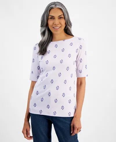 Style & Co Women's Printed Boat-neck Elbow-sleeve Top, Created For Macy's In Ikat Lavendar