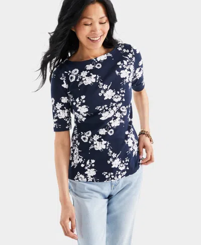 Style & Co Women's Printed Boat-neck Elbow-sleeve Knit Top, Created For Macy's In Navy Floral