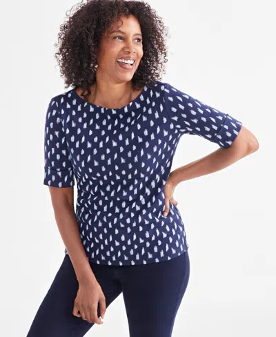 Style & Co Women's Printed Boat-neck Elbow Sleeve Top, Created For Macy's In Sketchy Blue