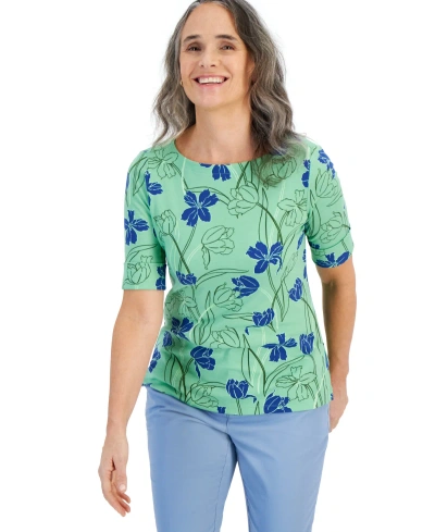 Style & Co Women's Printed Boat-neck Elbow-sleeve Top, Created For Macy's In Tulip Green