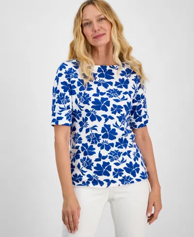 Style & Co Women's Printed Boat-neck Elbow-sleeve Top, Exclusively At Macy's In Blue