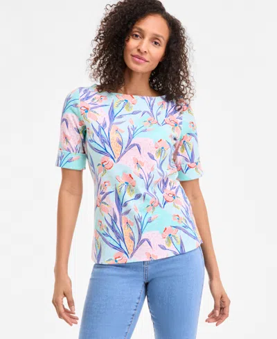 Style & Co Women's Printed Boat-neck Elbow-sleeve Top, Exclusively At Macy's In Multi