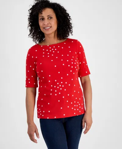 STYLE & CO WOMEN'S PRINTED BOAT-NECK ELBOW-SLEEVE TOP, EXCLUSIVELY AT MACY'S