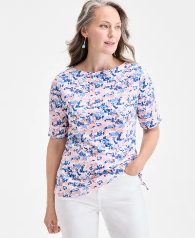 Style & Co Women's Printed Boat-neck Elbow-sleeve Top, Exclusively At Macy's In Pink