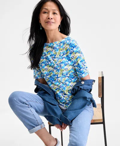 Style & Co Women's Printed Boat-neck Elbow-sleeve Top, Exclusively At Macy's In Blue