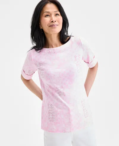Style & Co Women's Printed Boat-neck Elbow-sleeve Top, Exclusively At Macy's In Pink