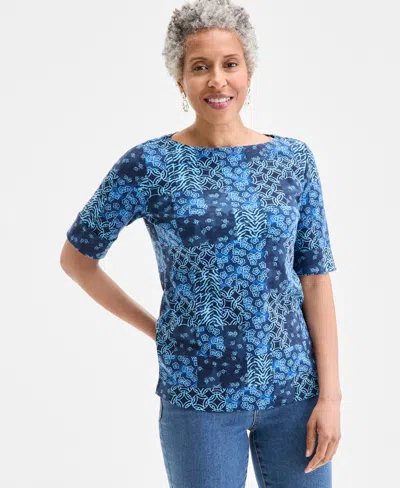 Style & Co Women's Printed Boat-neck Elbow-sleeve Top, Exclusively At Macy's In Blue