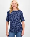 Style & Co Petite Floral Chintz Boat-neck Elbow-sleeve Top, Macy's Exclusive In Blue