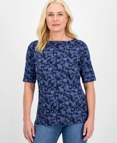 STYLE & CO WOMEN'S PRINTED BOAT-NECK ELBOW-SLEEVE TOP, EXCLUSIVELY AT MACY'S