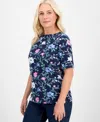 Style & Co Women's Printed Boat-neck Elbow-sleeve Top, Exclusively At Macy's In Blue